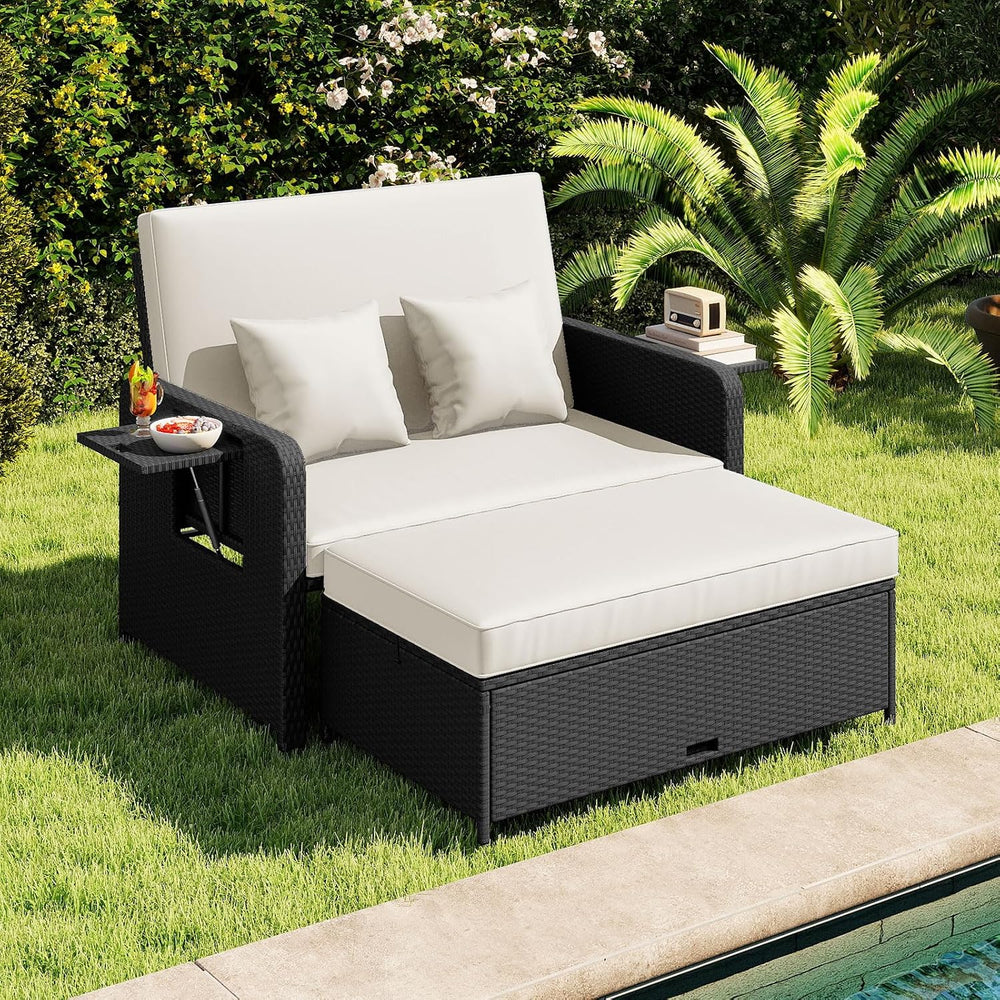 COSTWAY Patio Rattan Daybed with Cushions, Outdoor Wicker Loveseat Sofa with ...