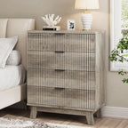 Fluted Nightstand, 31.5" Wide Side Table with 4 Large Storage Drawers, Mid Century Modern Wood Night Stand with Metal Handle, Wooden Bedside End Table for Bedroom, Living Room, Closet, Grey