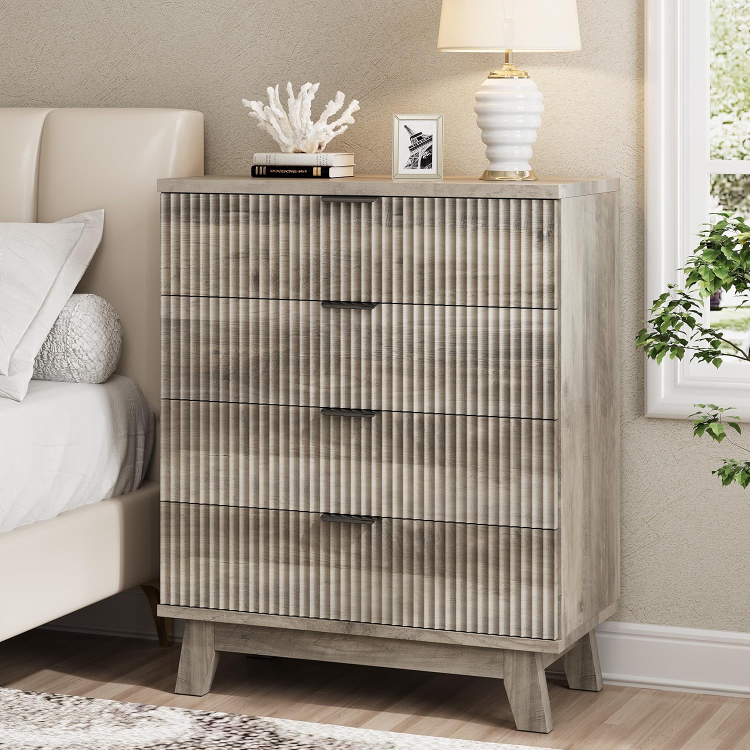 Fluted Nightstand, 31.5" Wide Side Table with 4 Large Storage Drawers, Mid Century Modern Wood Night Stand with Metal Handle, Wooden Bedside End Table for Bedroom, Living Room, Closet, Grey