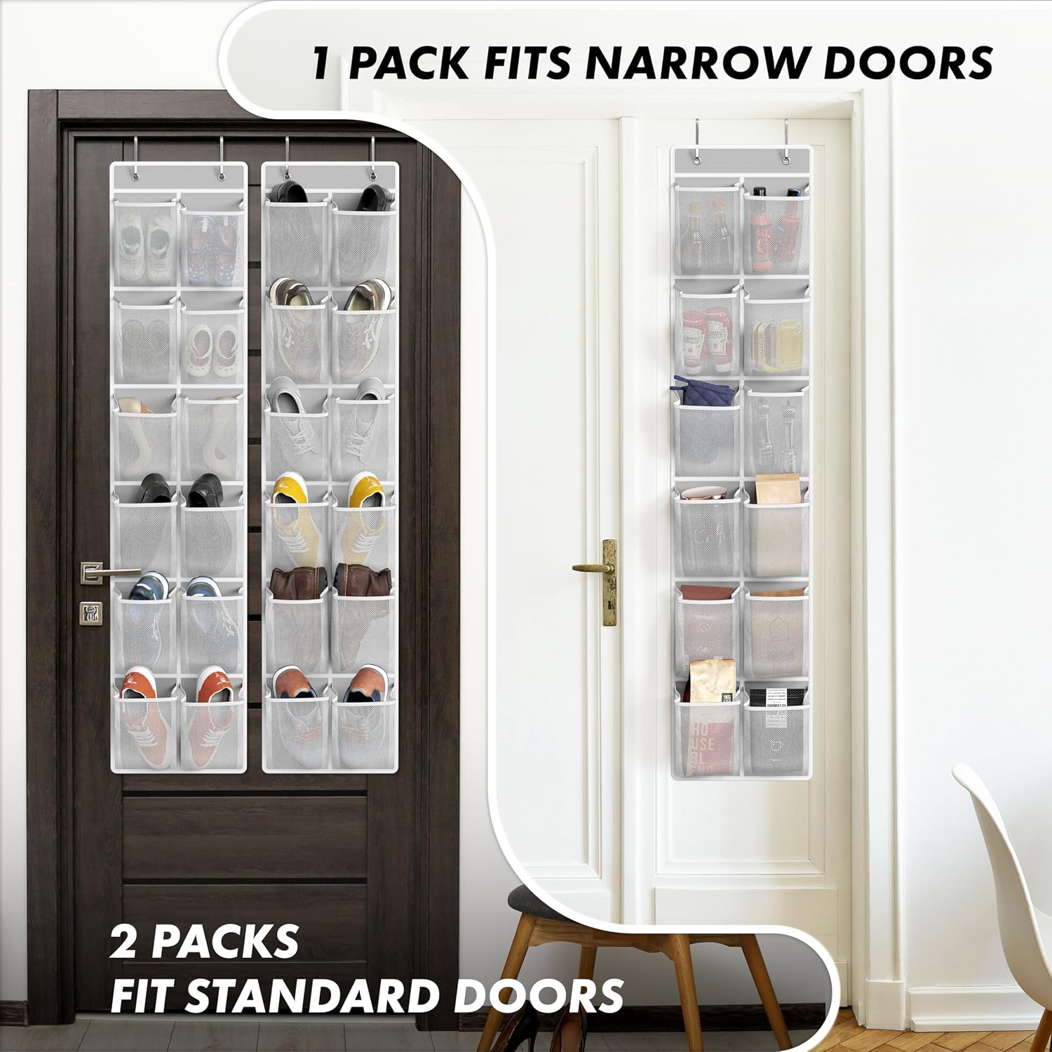 Simple Houseware 12 Pockets Large Over Door Shoe Organizer, 2 Pack, Gray | Total 24 Pockets, 56" x 12.5", Fits Standard & Narrow Door, 4 Durable Metal Hooks, 6" x 8" Pocket Size, Multipurpose