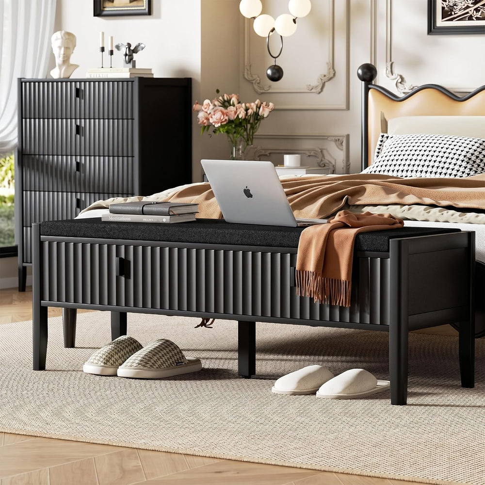 Furniway Black Fluted Shoe Bench with 2 Drawers, Entryway Storage Bench with ...