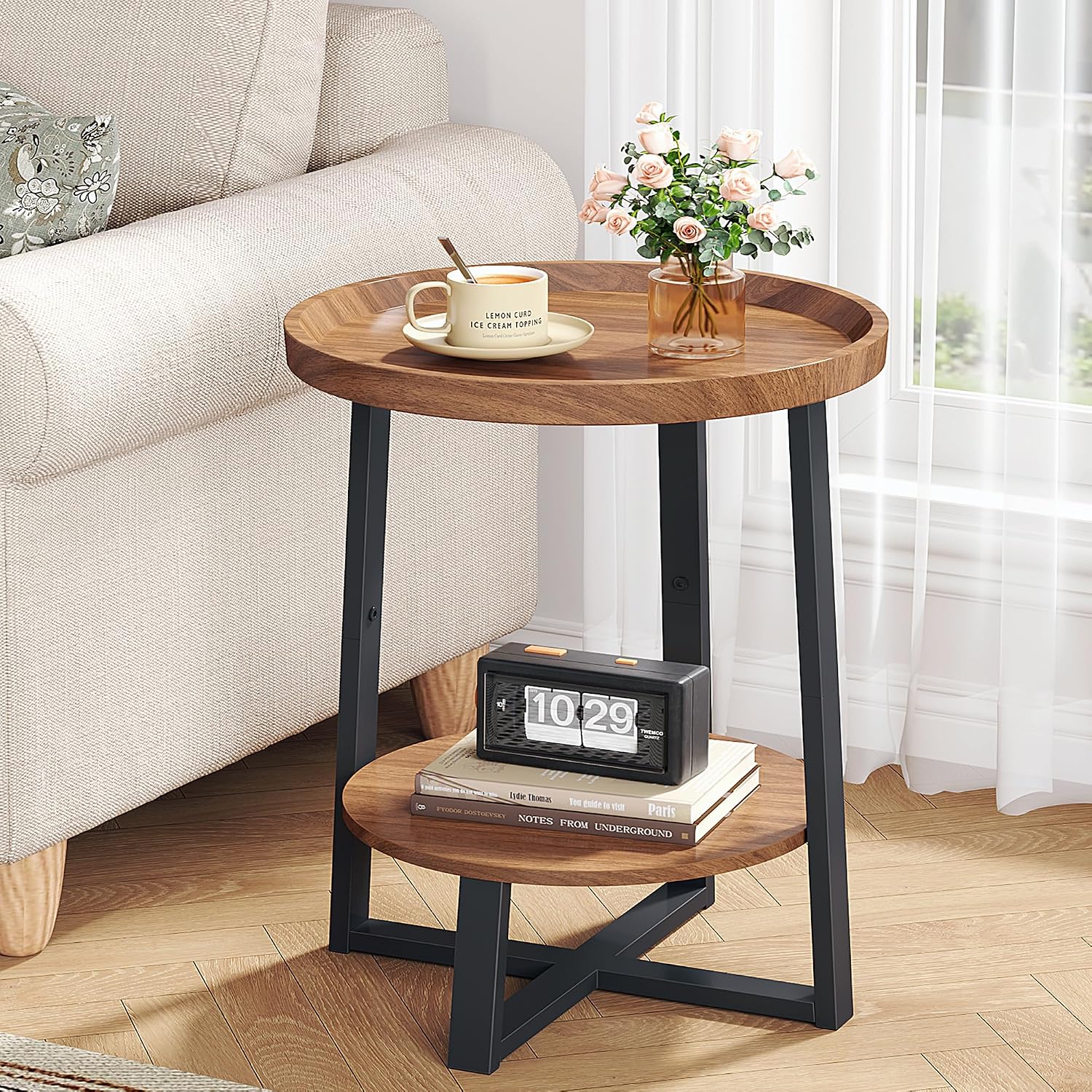 Yusong Round Side Table, Industrial Cherry End Table, Accent Nightstand Bedside Table for Living Room, Bedroom, Sofa Couch