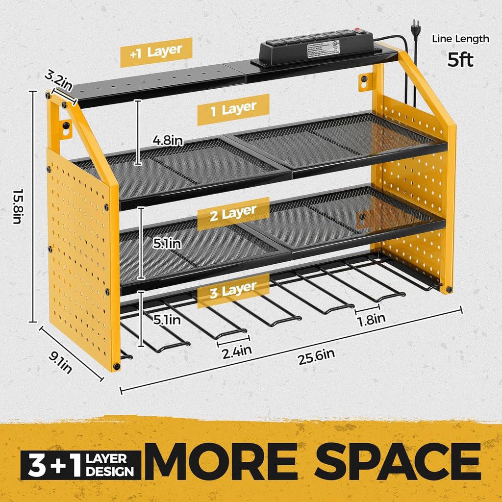 LBT Power Tool Organizer With Charging Station,Patented,Heavy Duty Steel,6 Drilling Rig Sizes With Hooks And Screw Boxes,6 sockets,Easy To Install Garage Storage Rack,Great Gift For Men, Yellow