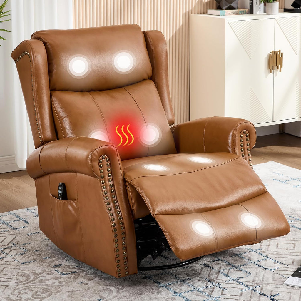 Genuine Leather Recliner Chair for Adults, Manual Swivel Rocker Glider Rocking Chair with Vibration Massage Lumbar Heat for Nursery, Rivet Design Single Sofa Chair for Living Room - Caramel Brown