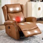 Genuine Leather Recliner Chair for Adults, Manual Swivel Rocker Glider Rocking Chair with Vibration Massage Lumbar Heat for Nursery, Rivet Design Single Sofa Chair for Living Room - Caramel Brown