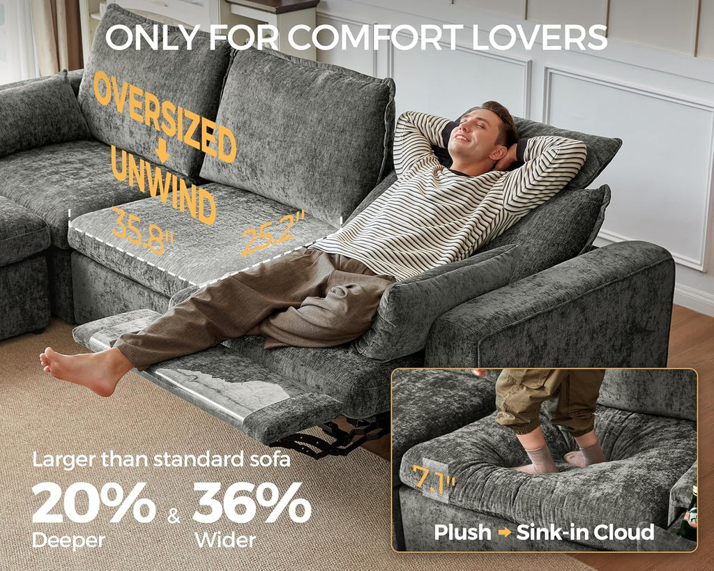 Oversized Modular Power Recliner Sofa Wall Hugger, Cloud Reclining Couch with Headrest, Storage Ottoman, Drawer Charging Cup Holder, Deep L-Shaped 6 Seater with Dual Electric Recliner, Chenille, Grey