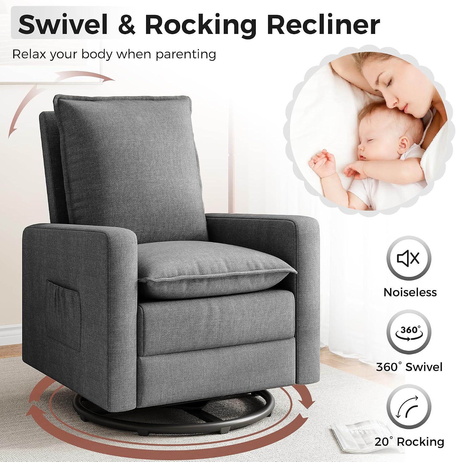 Swivel Glider Recliner for Adult Indoor Upholstered Lounge Nursery Chair Single Sofa with Side Pockets for Living Room Bedroom
