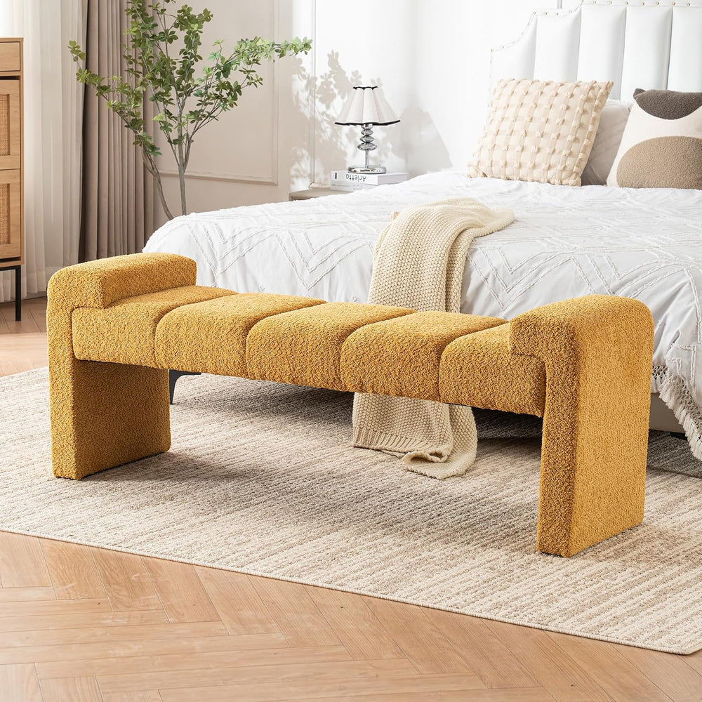 Boucle End of Bed Bench Upholstered Modern Bedroom Bench Channel Tufted Windo...