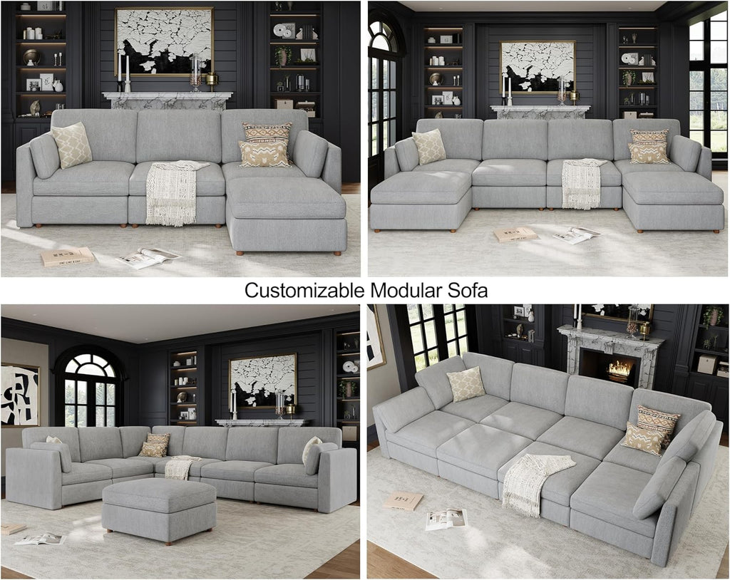 Oversized Modular Sectional Sofa V-Shaped Cloud Couches Gray | 7 Seater Large Deep Seat Couch Luxury Sectional Couches for Living Room, Solid Wood Frame, Removable Washable Cover
