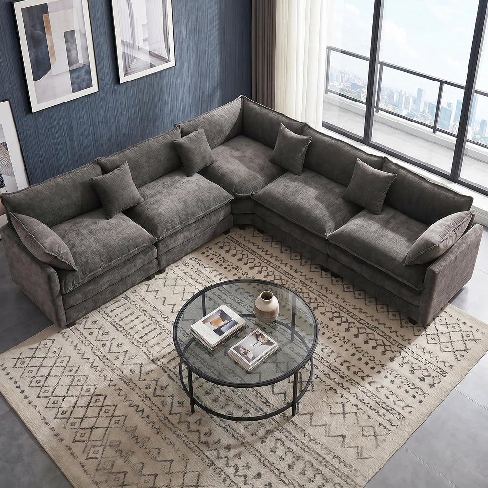111.4" V-Shaped 5-Seat Sectional Cloud Couch, Chenille Soft Set, Grey | ...