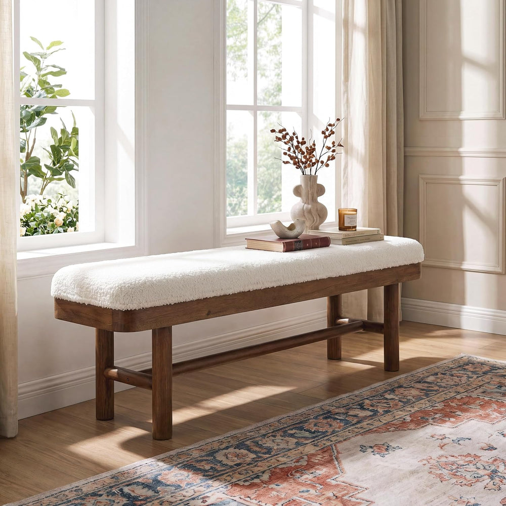 55-Inch Solid Wood Entryway Bench, Rustic Upholstered Bench, Modern Dining Be...