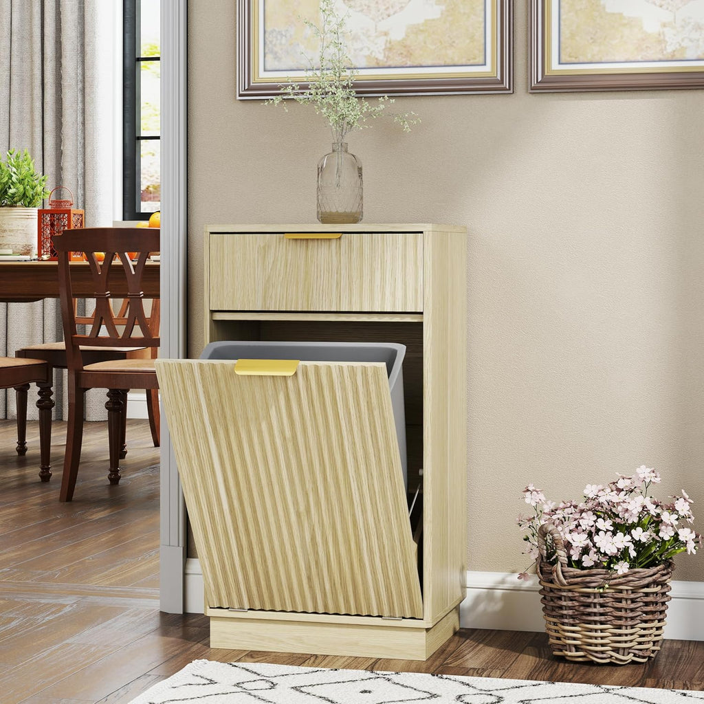 Tilt-Out Trash Cabinet with 10-Gallon Capacity, Walnut Laundry Hamper Cabinet, 34.3 x 19 x 13.8 inches, Wave-Textured Front.