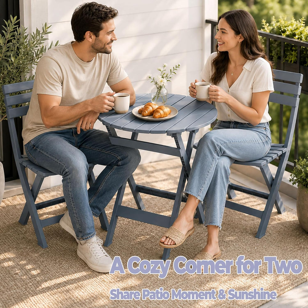 3 Piece Outdoor Bistro Set, Round Folding Patio Table and 2 Chairs, Blue