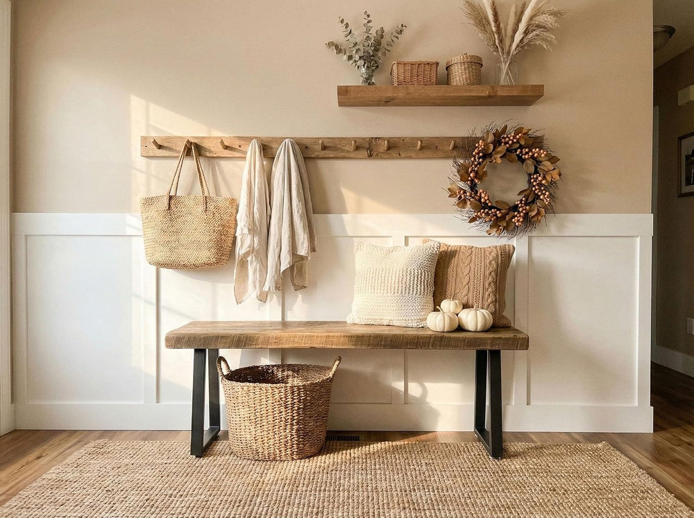 Rustic Revival Reclaimed Barnwood Bench, Solid Wood with Metal Base, Modern F...