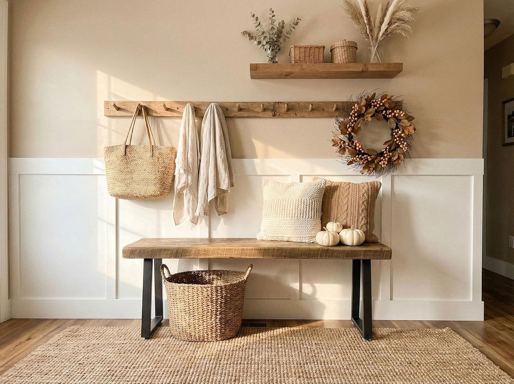 Rustic Revival Reclaimed Barnwood Bench, Solid Wood with Metal Base, Modern F...