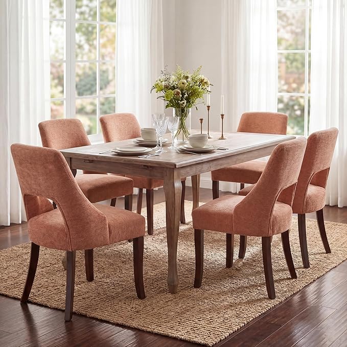 UVV Wooden Dining Chairs Set of 6, Mid Century Modern Upholstered Dining Room Chair Kitchen Chairs, Chenille Dinner Chair with Solid Wood Legs for Kitchen Dining Room, Orange-Chenille