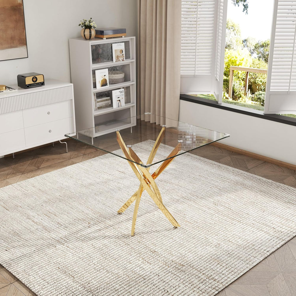 AF ARTISAN FURNITURE 5 Piece Square Glass Dining Table Set, Gold Glass Kitche...