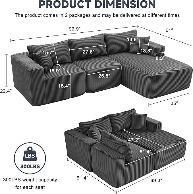 97" Modular Sectional Sofa, L-Shaped Boneless Couch with Deep Seat, Cozy Cloud Couch Sectional with Convertible Ottoman, Modern Sectional Couches for Living Room（ Grey）