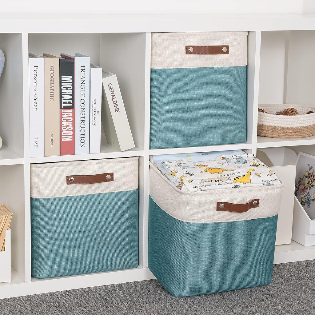 HNZIGE Foldable Storage Cubes & Baskets (3 Pack) - 13 Inch Storage Bin with Leather Handles for Toys, Clothes, Kids, Closet (White & Teal)