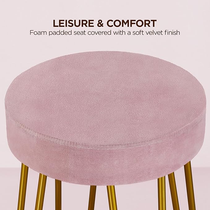 Yaheetech Bar Stools Set of 2, Velvet Round Counter Stools, Backless Counter Height Bar Chairs with Golden Legs for Kitchen Dining Room Pub Cafe, Pink