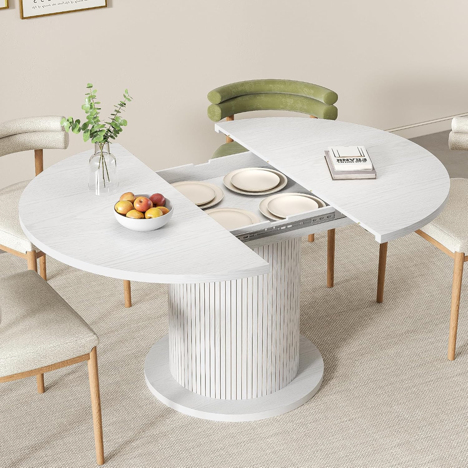 43.3 inch 59 inch Adjustable Size Round Dining Table for 4 6, Unique Design Modern Farmhouse Kitchen Table, Circle Dining Tables with Wood Strip Base for Kitchen Living Room (White)