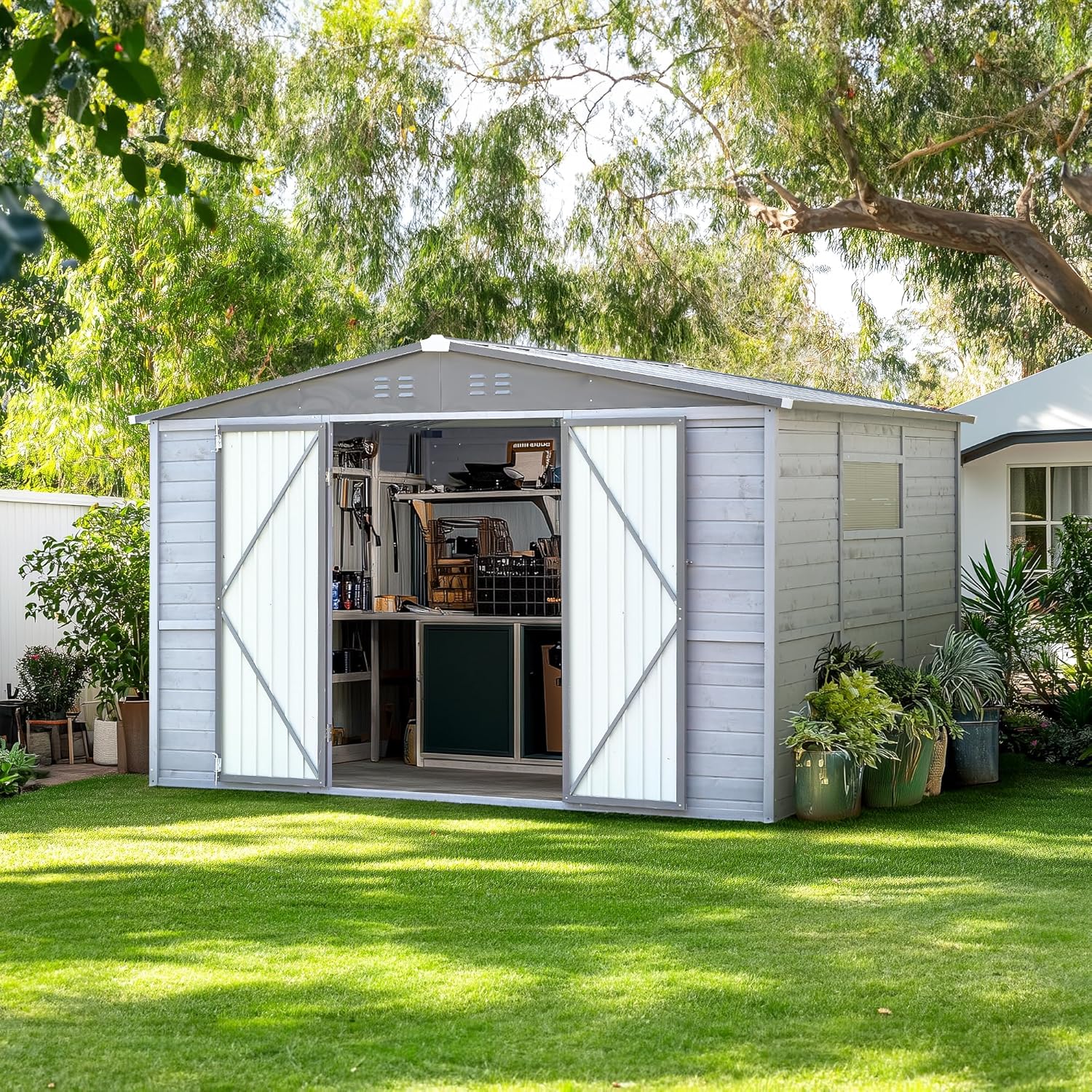 8x10 FT Outdoor Storage Shed with Windows, Wood & Metal Garden Shed, Outside Storage Shed Waterproof for Backyard, Garden, Patio, 4 Vents (Without Floor) Gray
