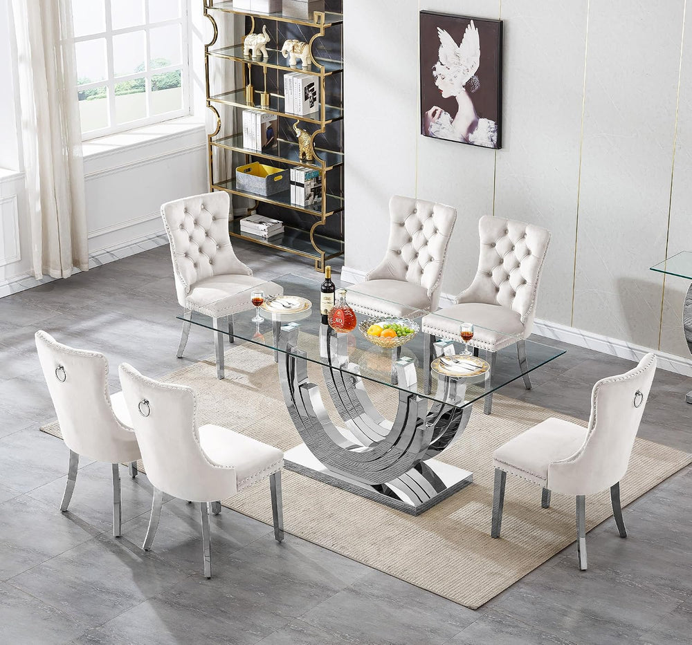 7 Piece Dining Table Set with 6 Beige Dining Chairs, Modern Glass Kitchen Tab...
