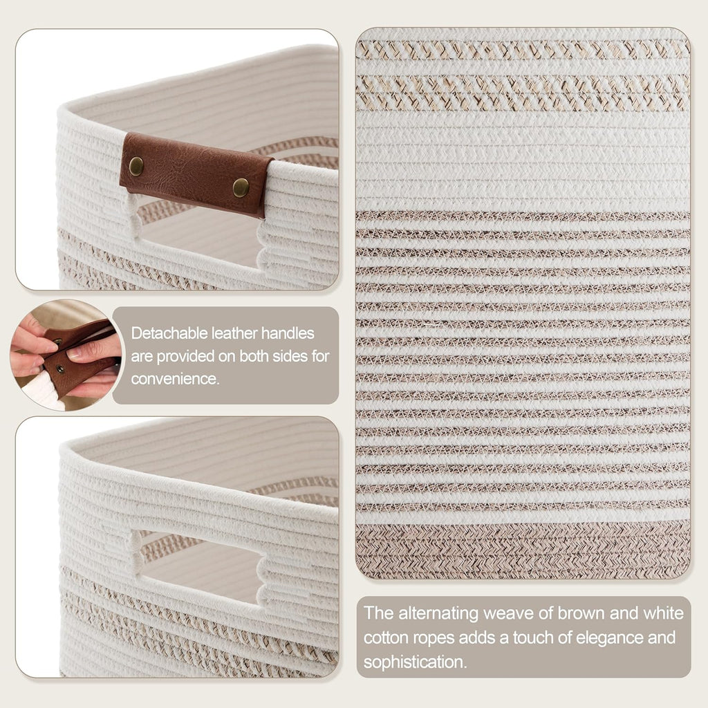 85L Tall Laundry Hamper with Handles for Living Room Storage, Extra Large Woven Rope Baskets Bin for Blanket, Kids Toy, Gifts, Wicker Hamper for Bedroom Dirty Clothes, 17"x14"x22" White Brown