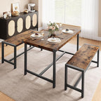 Dining Table Set for 4 with 2 Benches, 3-Piece Kitchen Table Set, Space-Saving Dining Set for Kitchen, Dining Room, Brown