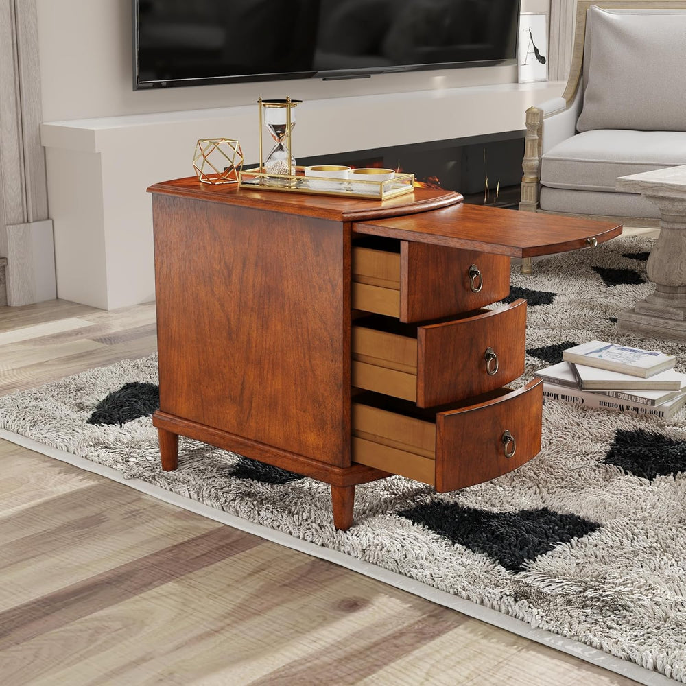 Solid Wood End Table with 3 Drawers, Cherry Red American Style Beside Table w...