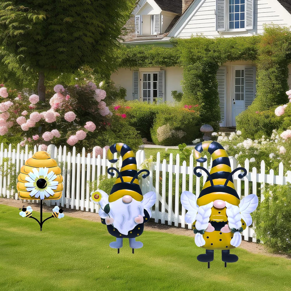 Cinnvoice 3 Pcs Metal Gnome Yard Stakes Bee Spring Garden Decor 25.4"