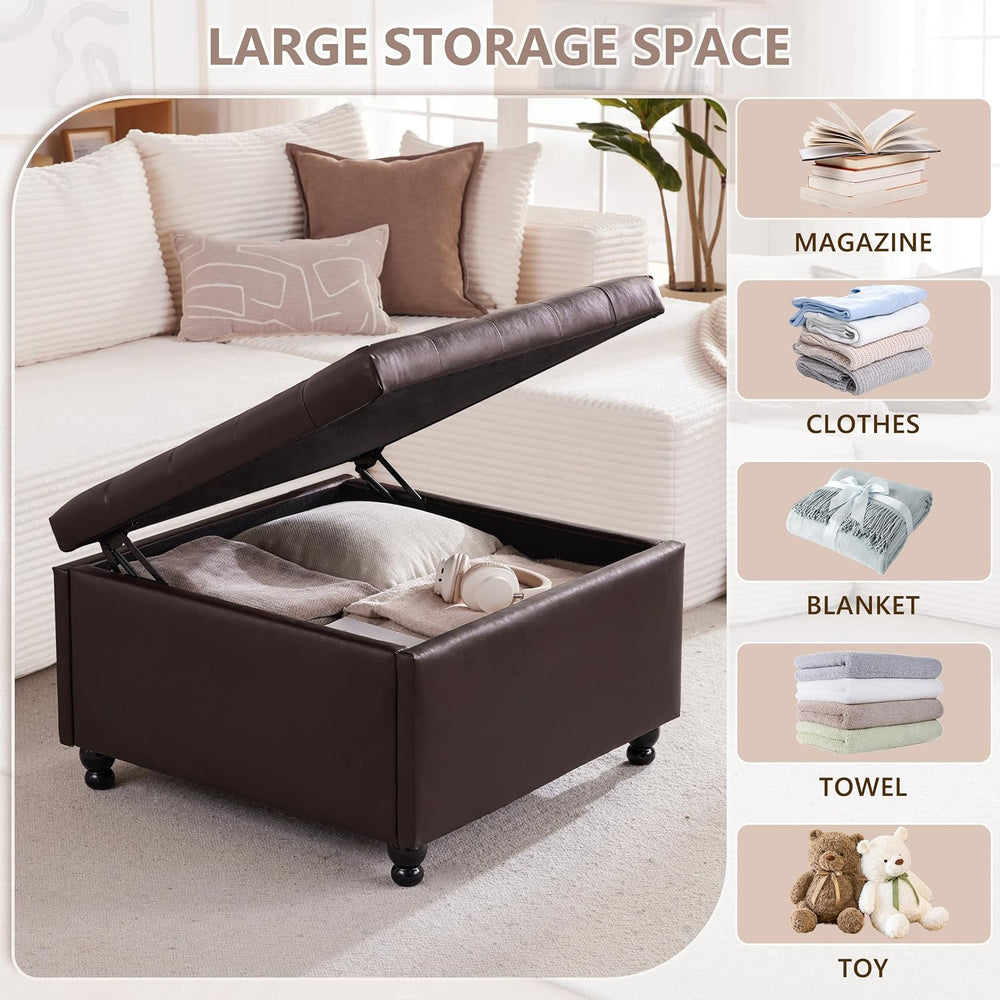 30" Large Square Ottoman with Storage, Leather Ottoman Coffee Table, Bro...