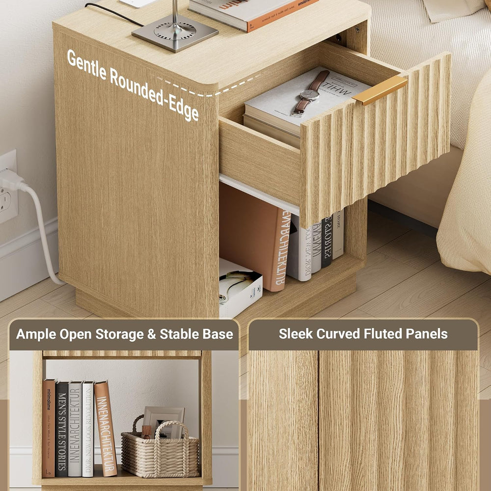 Fluted Nightstand with Charging Station, 18" W Night Stand with Metal Ha...