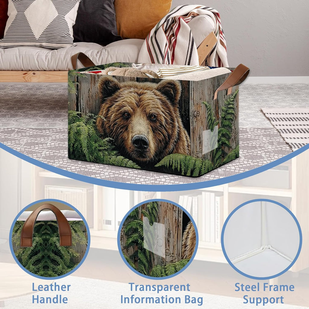 Vintage Bear Wooden Storage Baskets,Ferns Plants Foldable Large Capacity Organizer Bins with Waterproof Lining and Leather Handles for Closet, Shelf, Bedroom 17x11.5x10Inch
