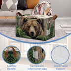 Vintage Bear Wooden Storage Baskets,Ferns Plants Foldable Large Capacity Organizer Bins with Waterproof Lining and Leather Handles for Closet, Shelf, Bedroom 17x11.5x10Inch