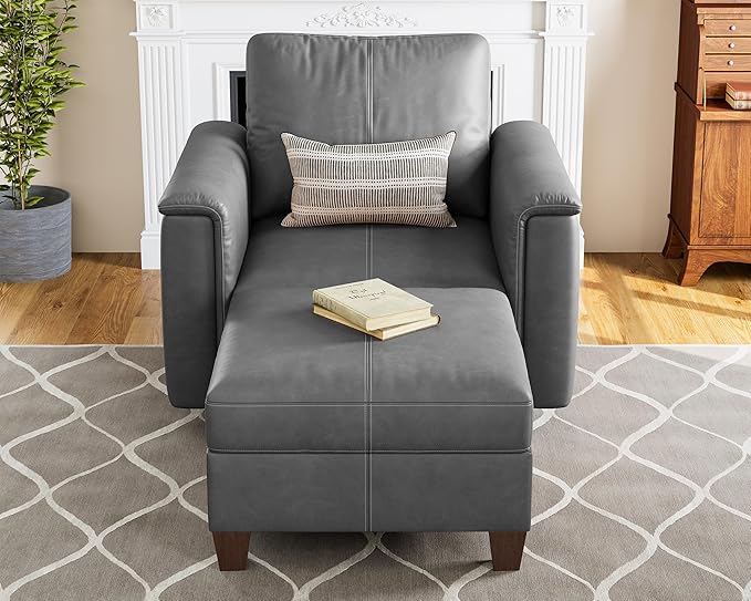 SITJOY Faux Leather Modular Sectional Sofa with Storage, Mid Century Modern Sectional Couches for Living Room, Soft Padded Armrests, Chaise Lounge with Ottoman, Gray