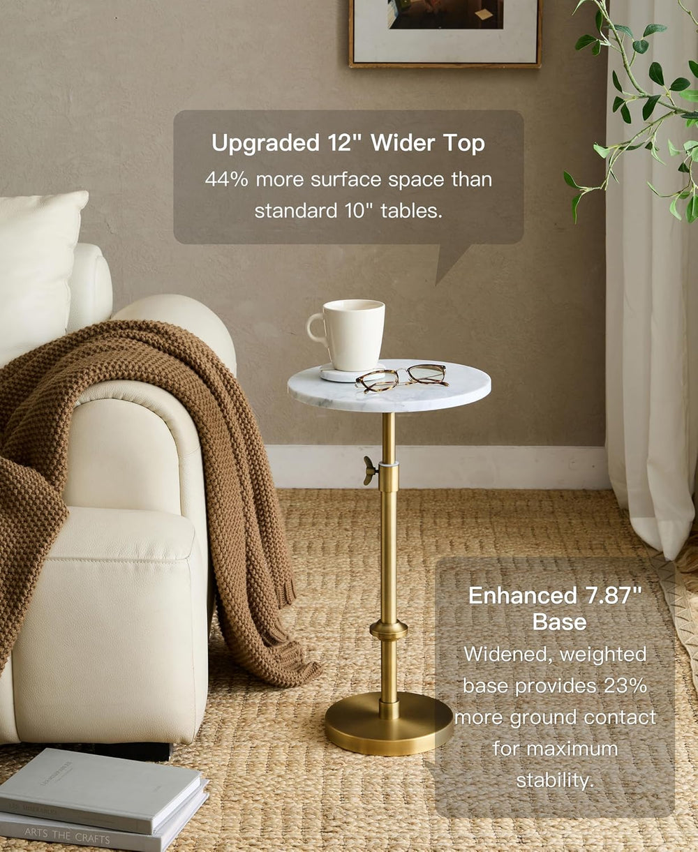 Adjustable 12" White Marble Drink Table with 2 Coasters, Antique Brass⁠ ...