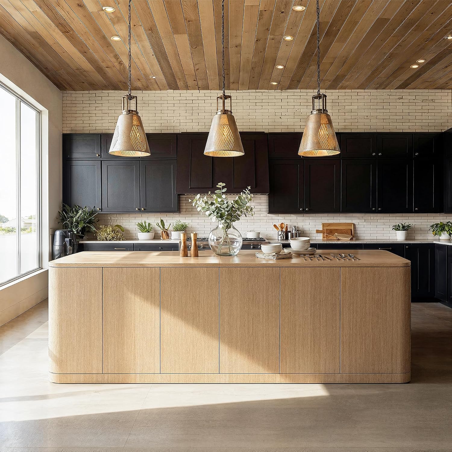 Homsee 110-Inch Large Kitchen Island with Seating & Storage, 8-Door Wood Island Prep Table in Oak Veneer, Curved Design Stationary Kitchen Islands w/Storage Shelves for Dining, Wood Grain