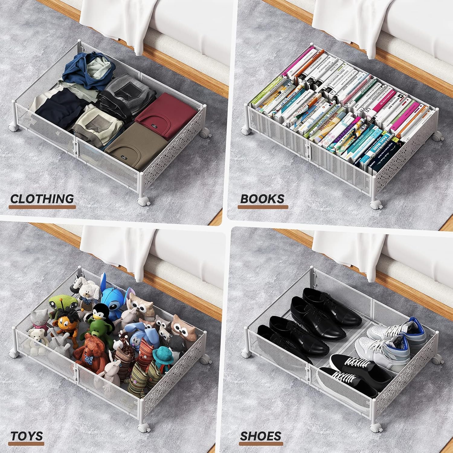 PHINOX Under Bed Storage, Under the Bed Storage Containers with Wheels, Under Bed Shoe Storage Organizer Drawer for Bedroom Clothes Shoes Blankets -4Pack