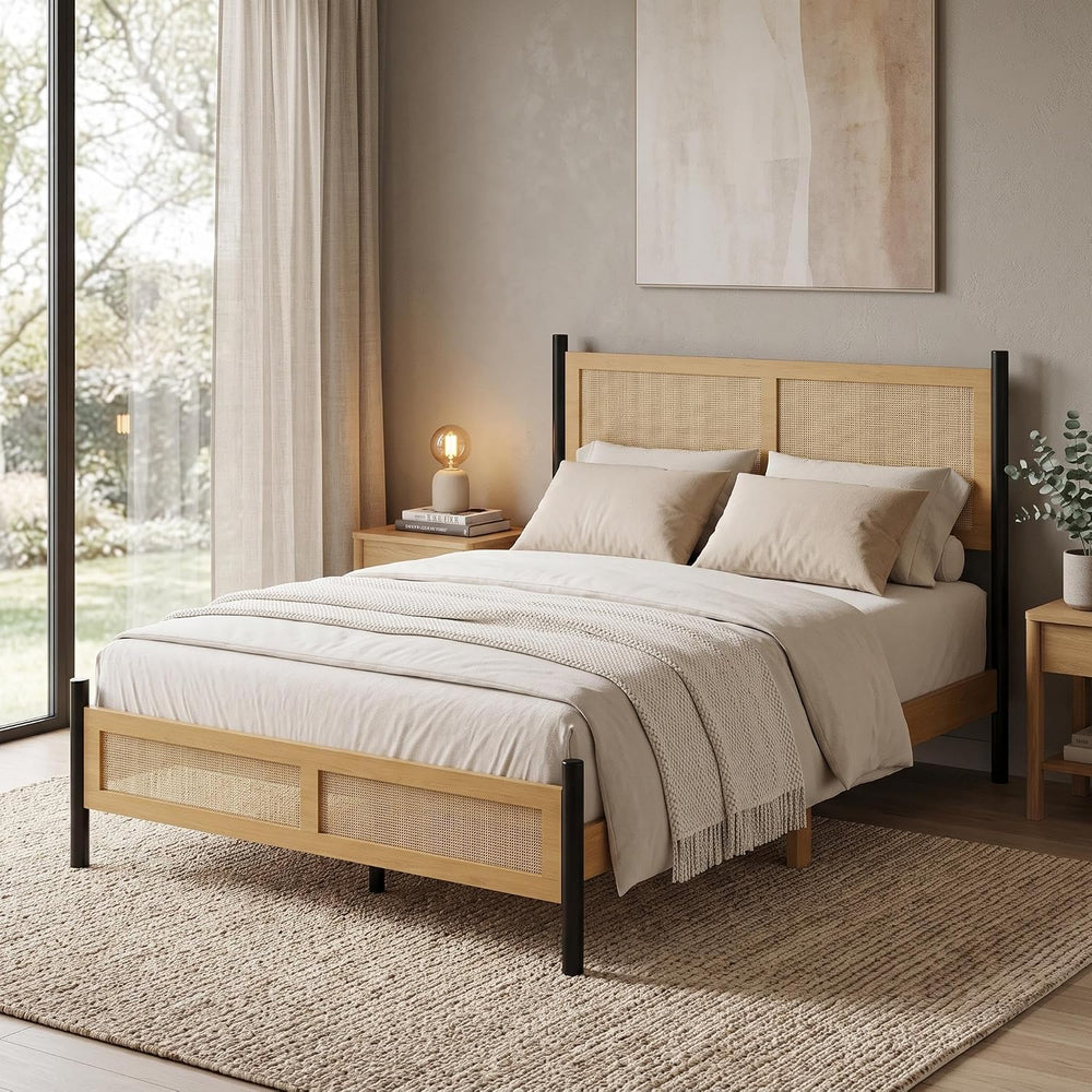 Rattan Queen Size Bed Frame, Wooden Platform Bed with Rattan Headboard