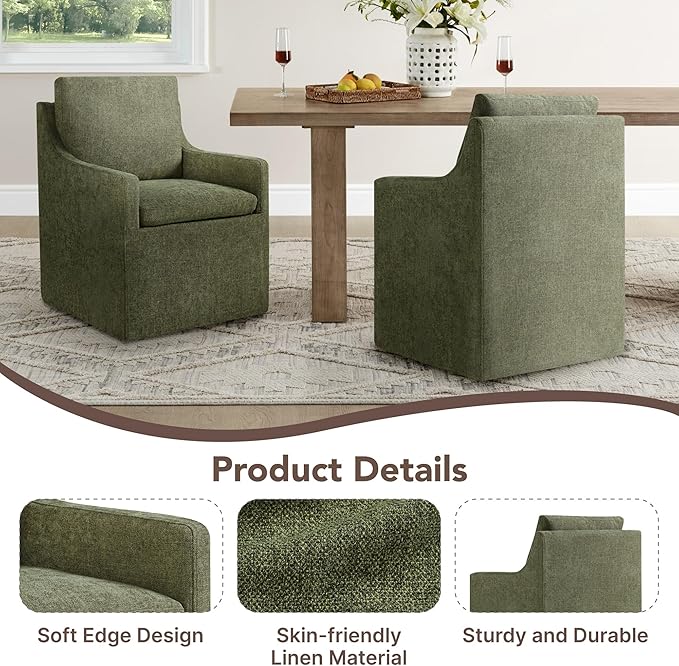 Upholstered Dining Chairs Set of 1, Modern Dining Room Chairs with Casters & Washable Cover, Rolling Accent Chair with Hidden Storage for Kitchen, Farmhouse, Living Room, Green, 1 Box