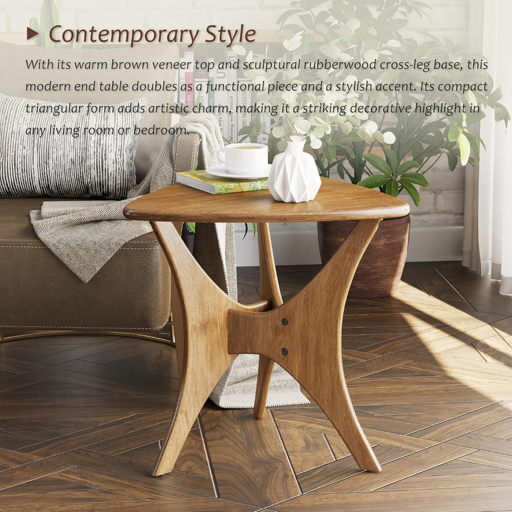 COZAYH Modern Triangle Wood End Table with Cross-Leg Rubberwood Base, Mid-Cen...