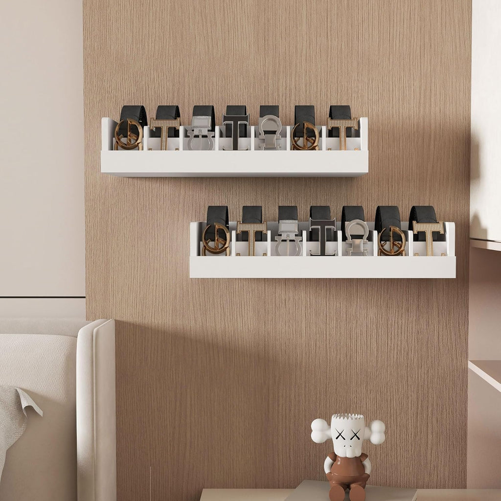 Belt Storage Organizer Box - 7 Grids Bamboo Belt Organizer for Closet | Wooden Belt Tie Hanger Racks for Men Women Drawer | Belt Display Holder Wall Mount with 2 Pcs Tie Clip (White)