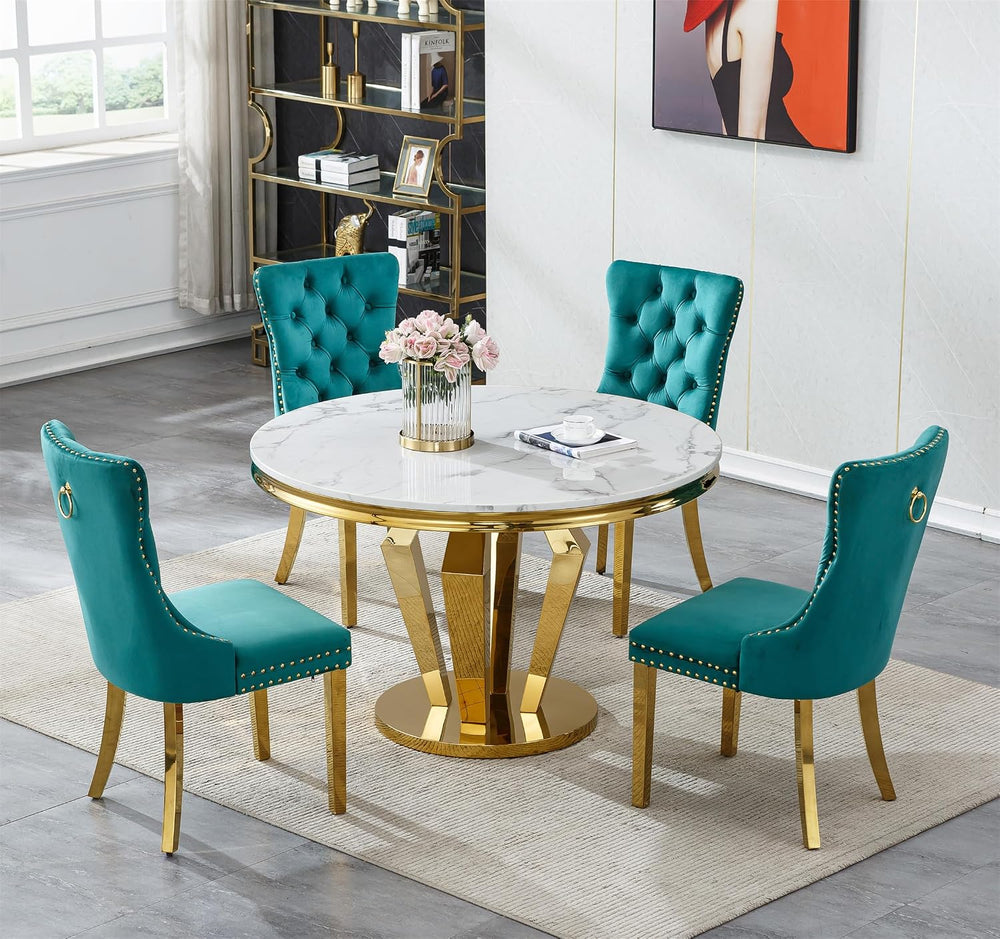3-Piece Round Marble Dining Table Set for 4 with Velvet Chairs | Modern Faux ...