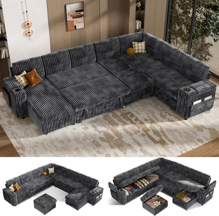 Vipbear 130" Modular Sectional Sleeper Sofa with Pull Out Bed, 9 Seat Corduroy L Shaped Couch with Ottoman and Chaise|USB Ports|Cup Holders|Side Table, Tool Free Assembly, Grey