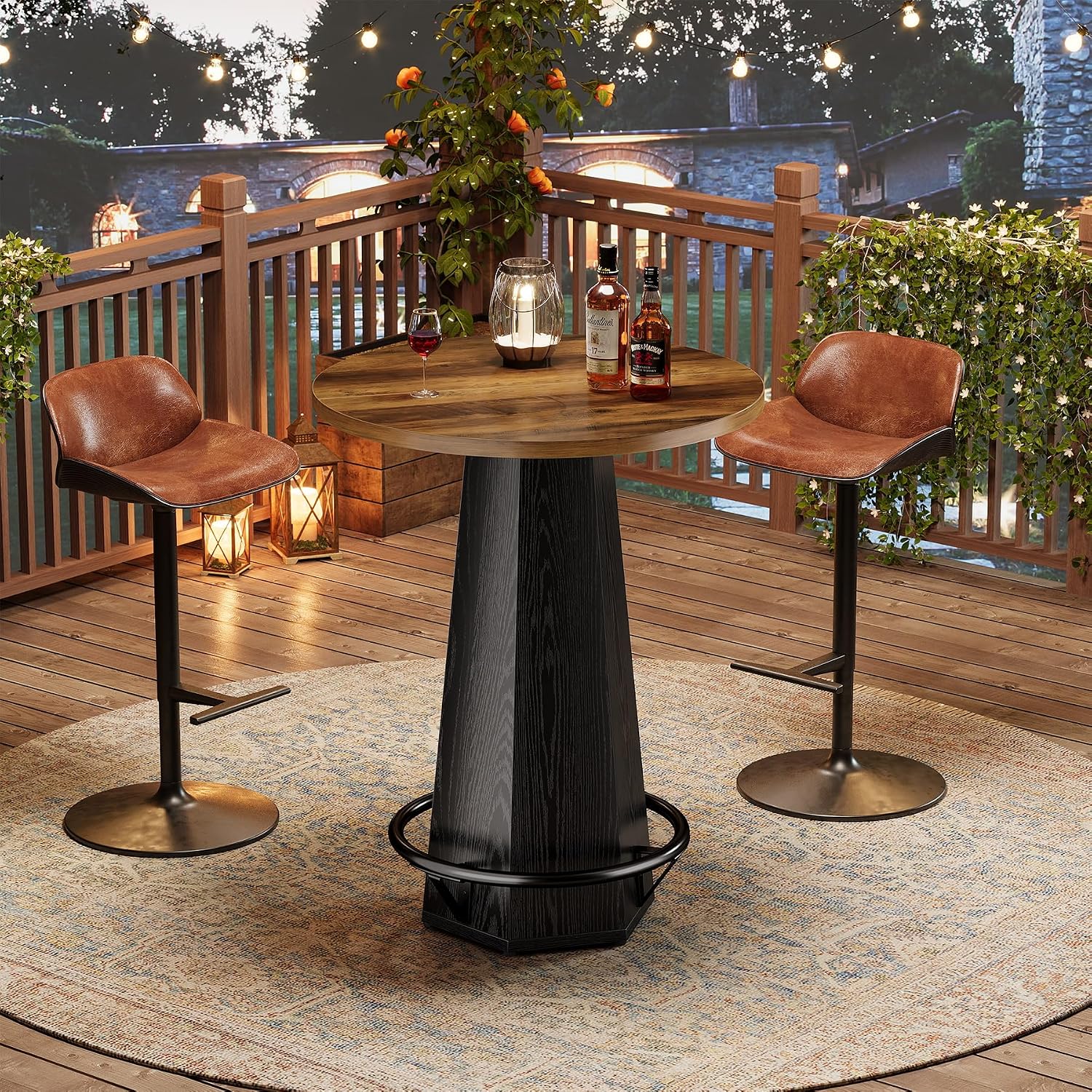 Tribesigns Round Bar Pub Table High Top, 39.4" H Bistro Cocktail Table with Metal Footrest for Drinking & Gathering, Industrial Home Bar Unit, Small Spaces, Brown & Black