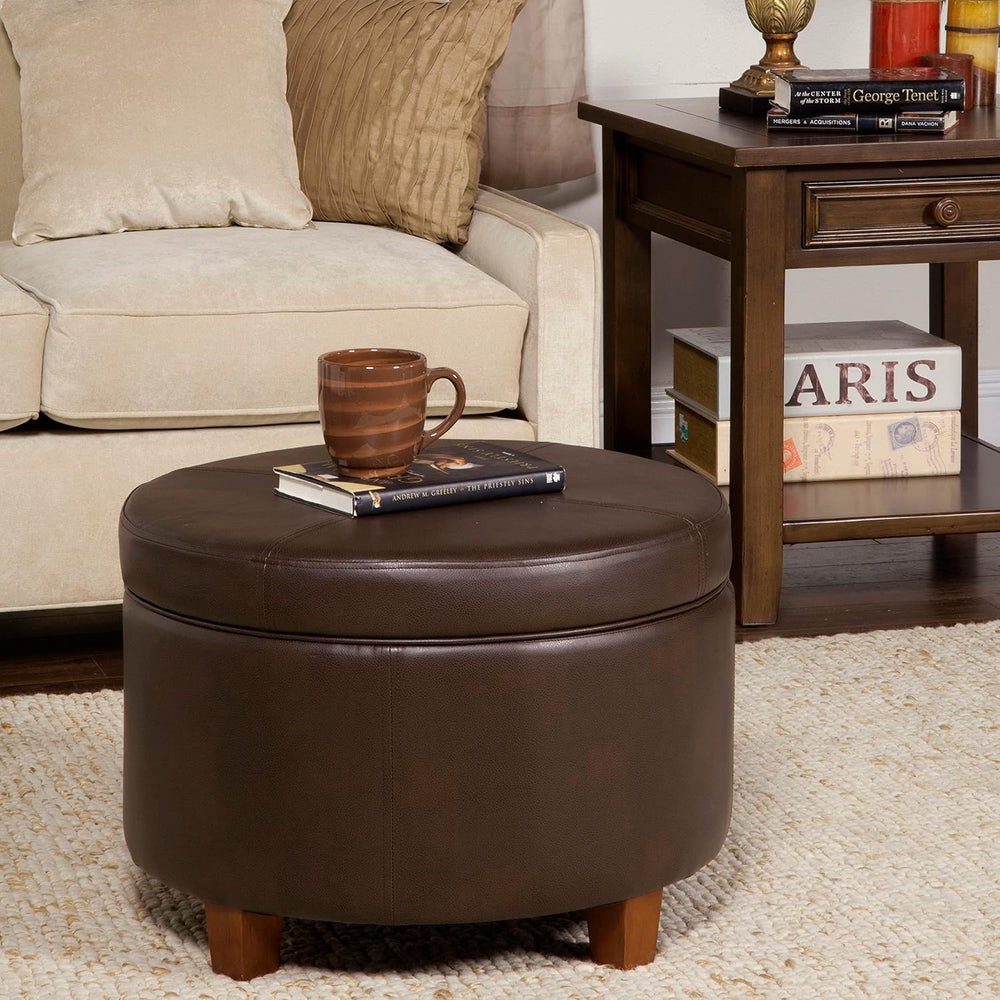 HomePop 24" Round Leatherette Storage Ottoman - Chocolate Brown