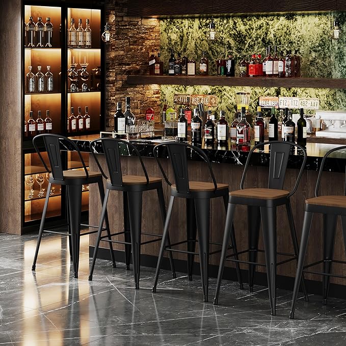 Andeworld Metal Bar Stools Set of 4, 30 inch Bar Height Barstools with Backs Farmhouse Modern High Back Bar Stools with Larger Seat Kitchen Dining Bar Chairs,Matte Black