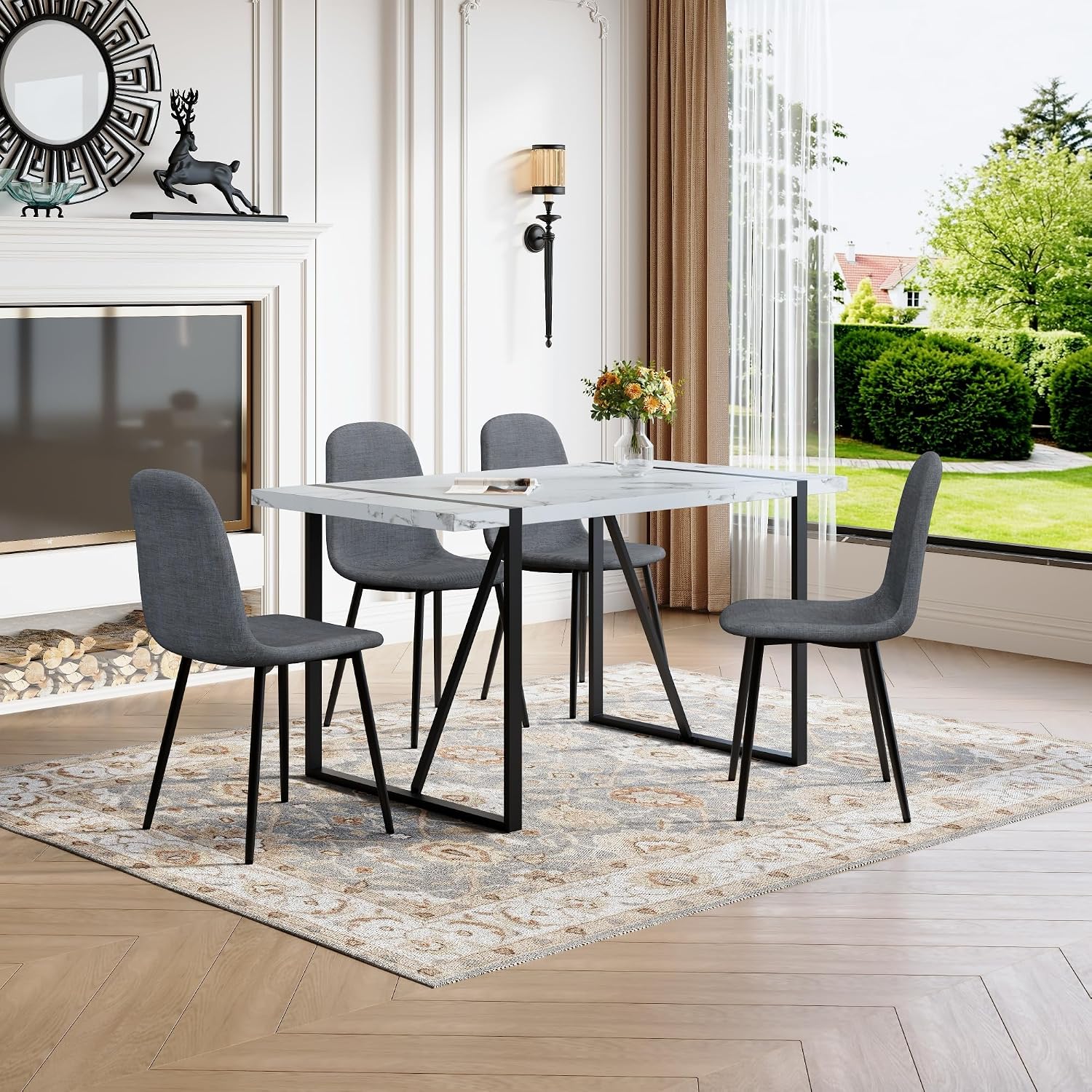 55" Dining Table Set for 4, 5 Piece Modern Dining Table Set for 4 with Fabric Chairs, Farmhouse Kitchen Table Set for 4 Suit for Living Dining Room Furniture, Sturdy and Easy-to-Clean（White & Gray）
