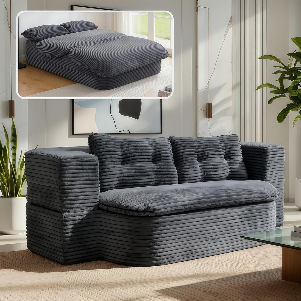 78.7" Futon Sofa Bed, Memory Foam Convertible Couch, Dark Gray | Sophisticated comfort with premium corduroy, one-flip conversion, built-in blanket, and ergonomic support